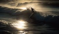 Muscular silhouette surfing Maui breaking waves at dusk generated by AI