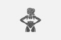 Muscular sportswoman in underwear silhouette hand drawn stamp vector illustration.