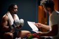 Muscular and strong boxing player in sweats after workout, resting on bench face to face with his coach, getting consultation