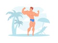 Muscular Strong Man Posing on Beach, Athletic Man Character in Swimming Trunks Showing Muscles Cartoon Vector