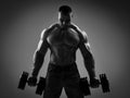 Muscular strong men bodybuilder stands holding, lifting big heavy dumbbells in hands, feeling tension in muscles Royalty Free Stock Photo
