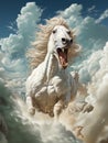 Futuristic predatory white horse with big muscles gallops in heavens. AI Royalty Free Stock Photo