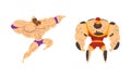 Muscular Wrestler Posing and Striking Engaged in Mixed Martial Arts Fighting Vector Set