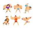 Muscular Wrestler Posing and Striking Engaged in Mixed Martial Arts Fighting Vector Set Royalty Free Stock Photo