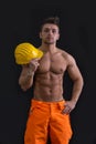 Muscular young construction worker shirtless with hardhat Royalty Free Stock Photo