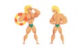 Muscular Young Man Beach Lifeguard, Professional Rescuer Character in Swimwear Set Cartoon Vector Illustration