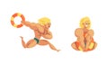 Muscular Young Man Beach Lifeguard Watching and Ensuring Safety, Professional Rescuer Character in Action Set Cartoon