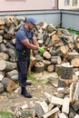 Muscular young man chopping logs Royalty Free Stock Photo