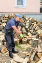 Muscular young man chopping logs Royalty Free Stock Photo
