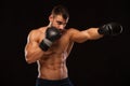 Muscular young man with perfect Torso with six pack abs, in boxing gloves is showing the different movements and strikes Royalty Free Stock Photo