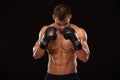 Muscular young man with perfect Torso with six pack abs, in boxing gloves is showing the different movements and strikes Royalty Free Stock Photo