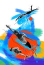 Muscular young man, professional swimming athlete in motion, swimming over multicolored background. Creative art collage