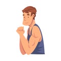 Muscular Young Man Sitting and Looking at Us Cartoon Vector Illustration