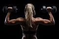 Muscular young woman with dumbbells on a black background, Fitness girl exercising with dumbbells on a Black background, top