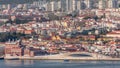 Museu de Arte, Arquitetura and Tecnolocia or MAAT at the Rio Tejo in Belem near museum of electricity aerial timelapse Royalty Free Stock Photo