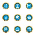 Museum of antiquities icons set, flat style