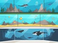 Museum aquarium. Underwater zoo children with parents watching big fishes vector horizontal banner