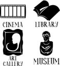 Set of intellectual entertainment. Museum, art gallery, library and cinema. Sculpture, painting, book and film. Lettering. Hobbies