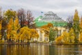 Museum building in autumn park. Colored leaves of fall Royalty Free Stock Photo