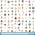 100 museum collection icons set, cartoon style