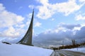 Museum of cosmonautics in Moscow. Blue sky background.