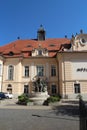 Museum of Danube with statue of writer Mor Jokai on Palatinova street in Komarno