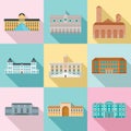 Museum Day Italy palace icons set, flat style Royalty Free Stock Photo