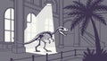 Museum Dinosaur Skeleton Exhibit With A View Of Palm Trees, vector design Generative AI Royalty Free Stock Photo