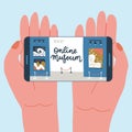 Museum exhibit online concept. Contemporary art gallery. Hands with phone with exibition app on screen. Colorful vector flat