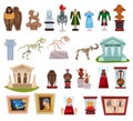 Museum Exhibit with Picture, Ancient Vase, Sculpture, Clothing and Dinosaur Sleketon Big Vector Set