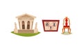 Museum Exhibit with Royal Chair and Ancient Architecture Vector Set