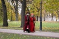 Museum guides in ornate traditional Russian garments at Kolomenskoye, Moscow