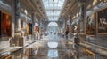 Museum hall interior with paintings, marble statues and shiny floor, expensive classical design. Theme of art, modern luxury Royalty Free Stock Photo