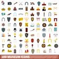 100 museum icons set, flat style