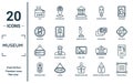 museum linear icon set. includes thin line cafe, no phone, exit, dreamcatcher, paper scroll, venus de milo, panel icons for report