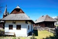 Typical view of wooden historical houses in the Museum of Liptov Village - open-air museum Pribylina. Royalty Free Stock Photo