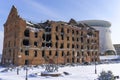 Volgograd. Russia-February 17, 2017. museum complex in Volgograd. The destroyed Gergardt mill and a copy of the monument-fountain