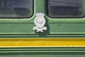 Museum for Railway Technology Novosibirsk. Coat of arms of the Union of Soviet Socialist Republics on the old railroad wagon. NOVO