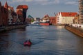 Museum of Ships and Shipbuilding. Sea canal among beautiful historical city with colorful houses.