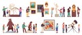 Museum visitors characters. People looking ancient exhibits and modern art, guides tell story of objects, self education Royalty Free Stock Photo