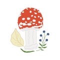 Mushroom amanita with yellow leaves and blueberry sprig