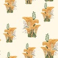 Mushroom autumn seamless pattern with forest wild mushrooms and herbs.