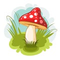 Mushroom on the background of meadows and sky. Cartoon flat style. Scenery. Isolated on white. A beautiful forest