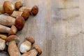 Mushroom Boletus over Wooden Background. Autumn Cep Mushrooms. Ceps Boletus edulis over Wooden Background, close up on wood rustic Royalty Free Stock Photo