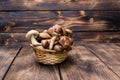 Mushroom Boletus over Wooden Background. Autumn Mushrooms. Boletus over Wooden Background, close up on wood rustic table. Cooking Royalty Free Stock Photo