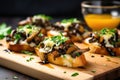 mushroom bruschetta topped with melted cheese