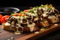 mushroom bruschetta topped with melted cheese