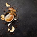 Mushroom Chaga Coffee Superfood Trend-dry and fresh mushrooms and coffee beans on dark background