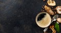 Mushroom Chaga Coffee Superfood Trend-dry and fresh mushrooms and coffee beans on dark background