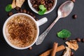 Mushroom Chaga Coffee Superfood Trend-dry and fresh mushrooms and coffee beans on dark background with mint. Coffee break